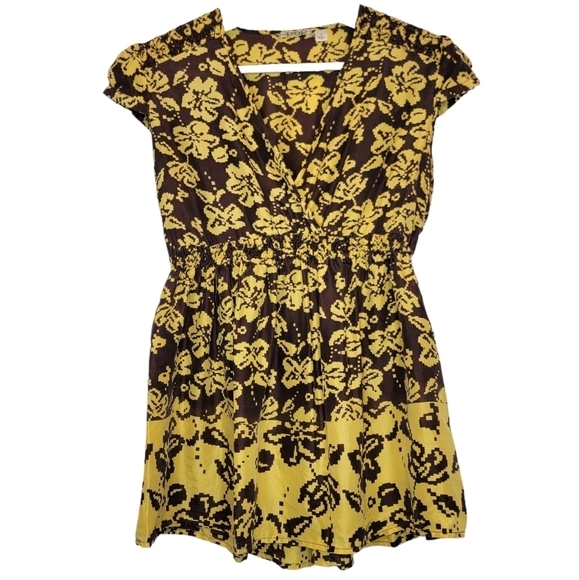 Population Tops - POPULATION Babydoll Silk Blouse Yellow Brown Floral Pixel Cap Sleeves V Neck Y2K
